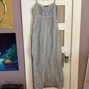 Striped Navy Linen Maxi Dress with Adjustable Spaghetti Straps